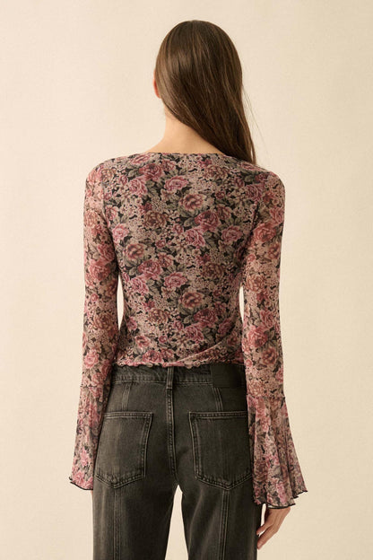 Rose Knows Floral Mesh Tie-Front Bell-Sleeve Top
