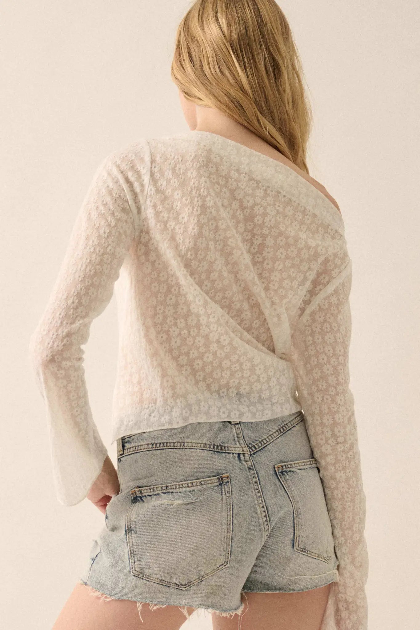 Delicate Petals Sheer Floral Jacquard Boatneck Top