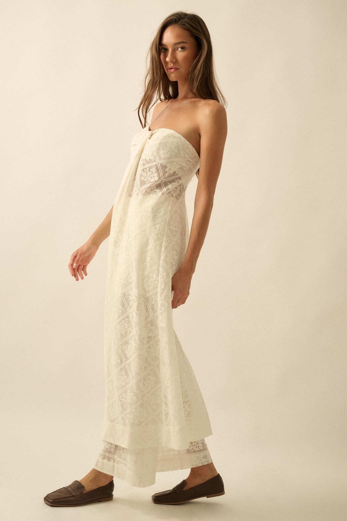 Pure Soul Floral Lace Strapless Flyaway Maxi Top