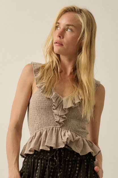 Get Free Smocked Cotton Gauze V-Neck Ruffle Top