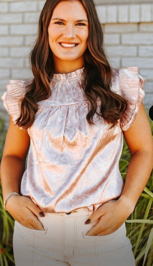 Western Champagne Printed Satin Pleated Rufle Sleevless Top