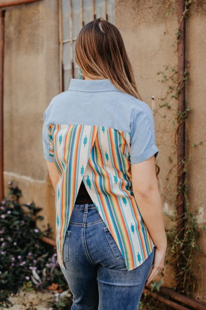 LIGHT CHAMBRAY IVORY AZTEC SERAPE SPLIT BACK