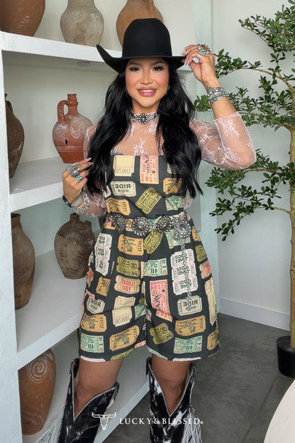Rodeo Ticket Stamp Printed Thick Strap Romper With Side Pockets