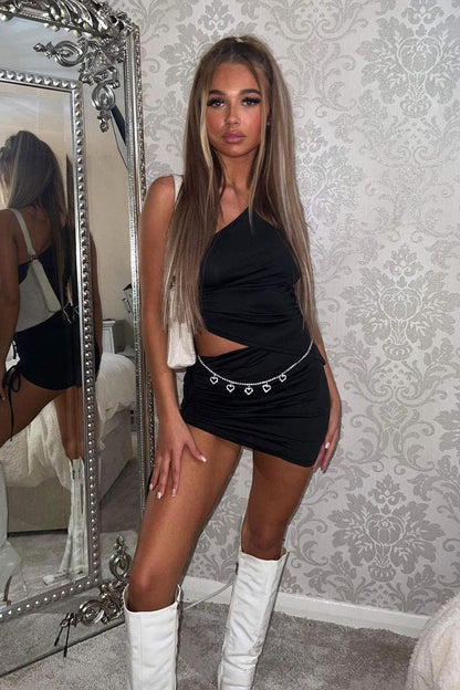 Black Asymmetric Crop Top & Mini Skirt Set - Lacey