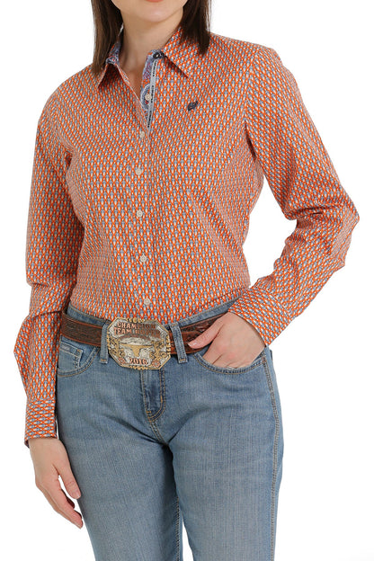 Cinch Women's Orange Diamond Print Long Sleeve Shirt