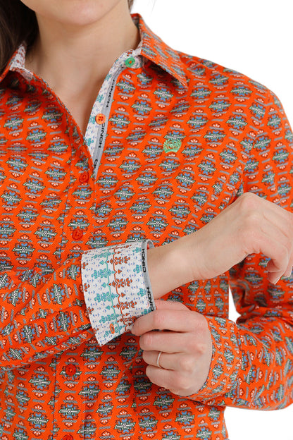 CINCH LADIES ORANGE PRINT LONG SLEEVE SHIRT