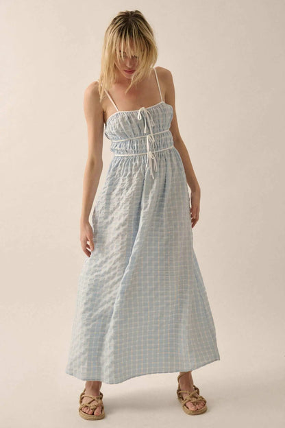 Puff Piece Textured Bubble Plaid Maxi Dress