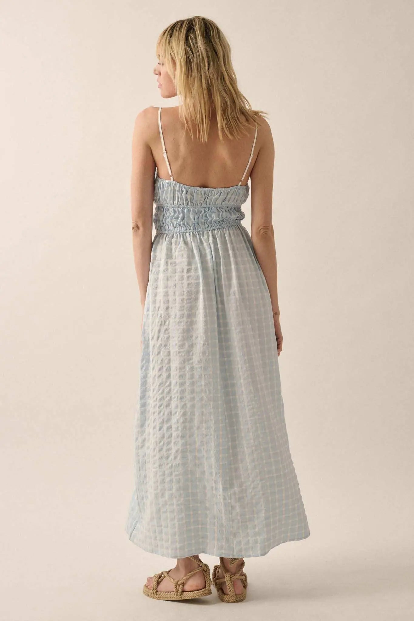Puff Piece Textured Bubble Plaid Maxi Dress