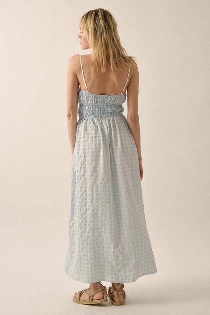 Puff Piece Textured Bubble Plaid Maxi Dress
