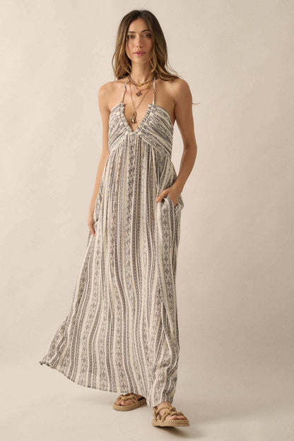 Well Traveled Geo-Print Striped Halter Maxi Dress