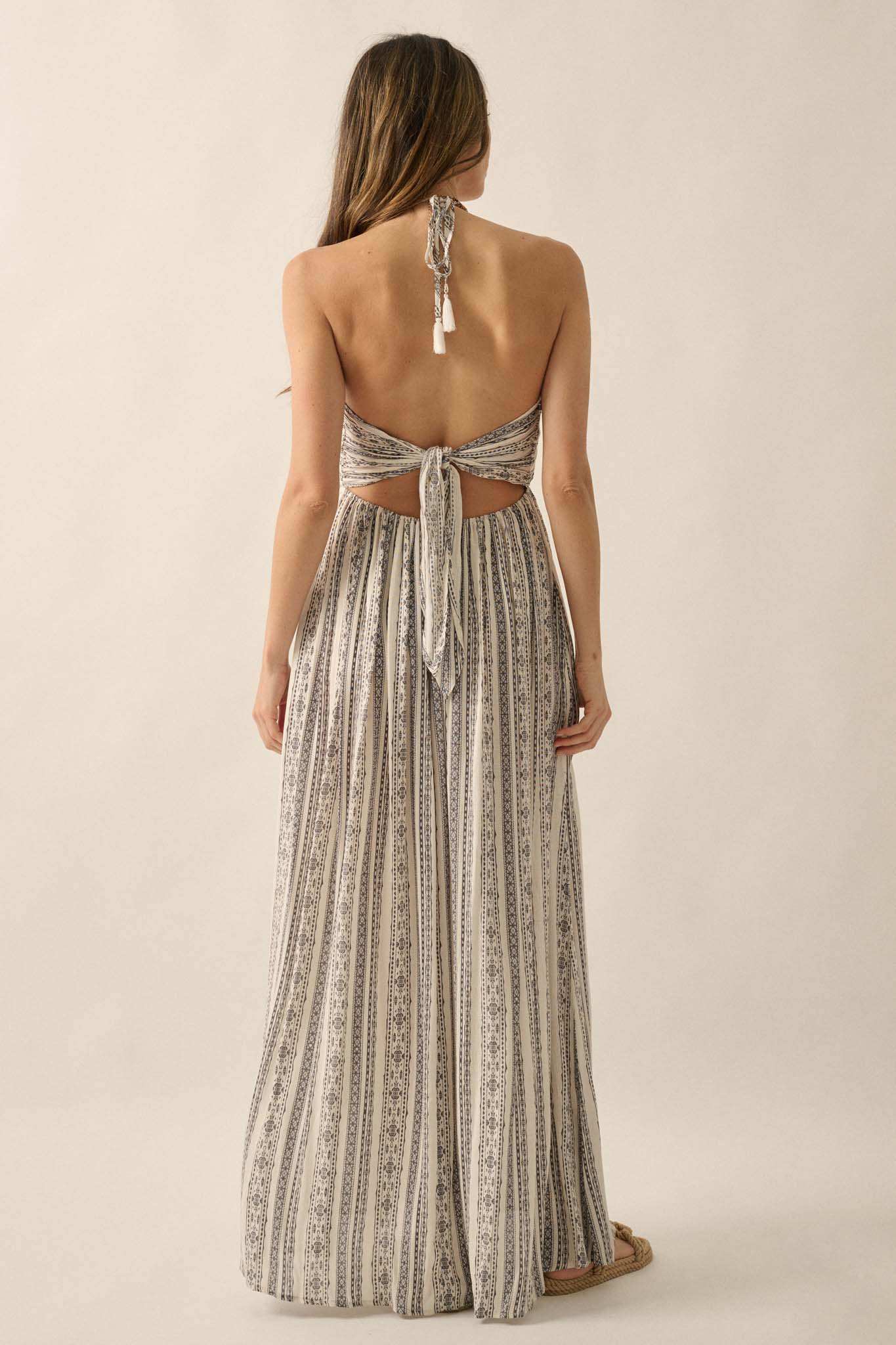 Well Traveled Geo-Print Striped Halter Maxi Dress