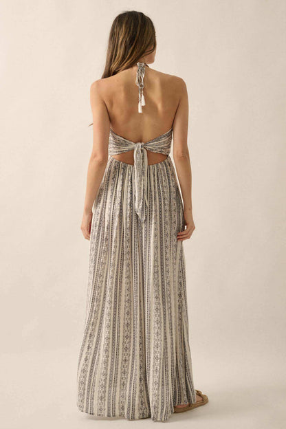 Well Traveled Geo-Print Striped Halter Maxi Dress