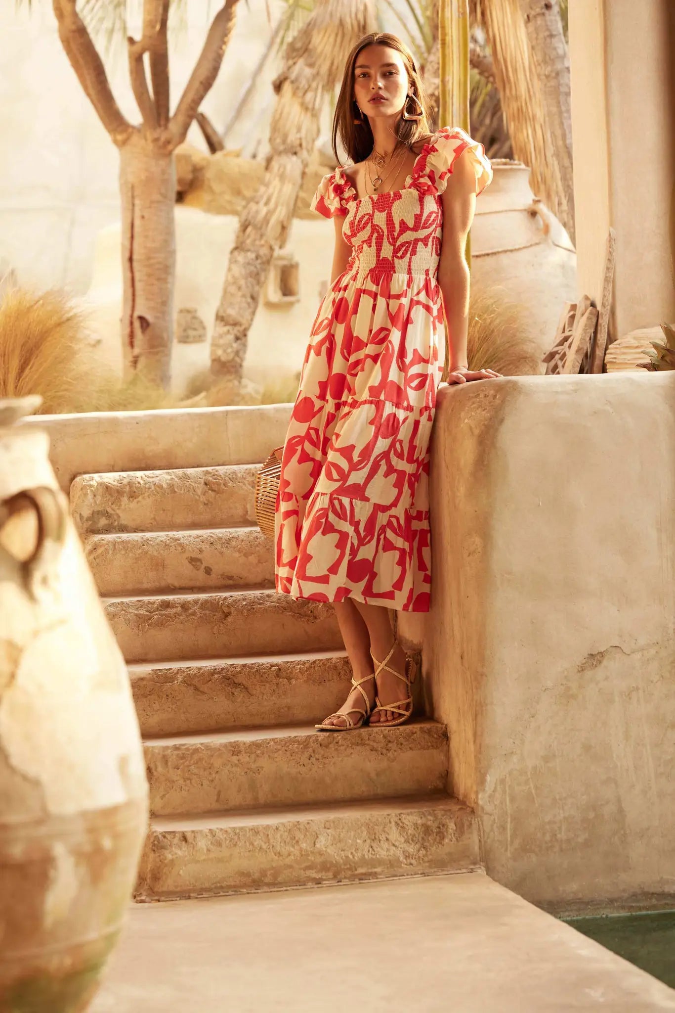 Striking Stems Abstract Floral Ruffle Midi Dress
