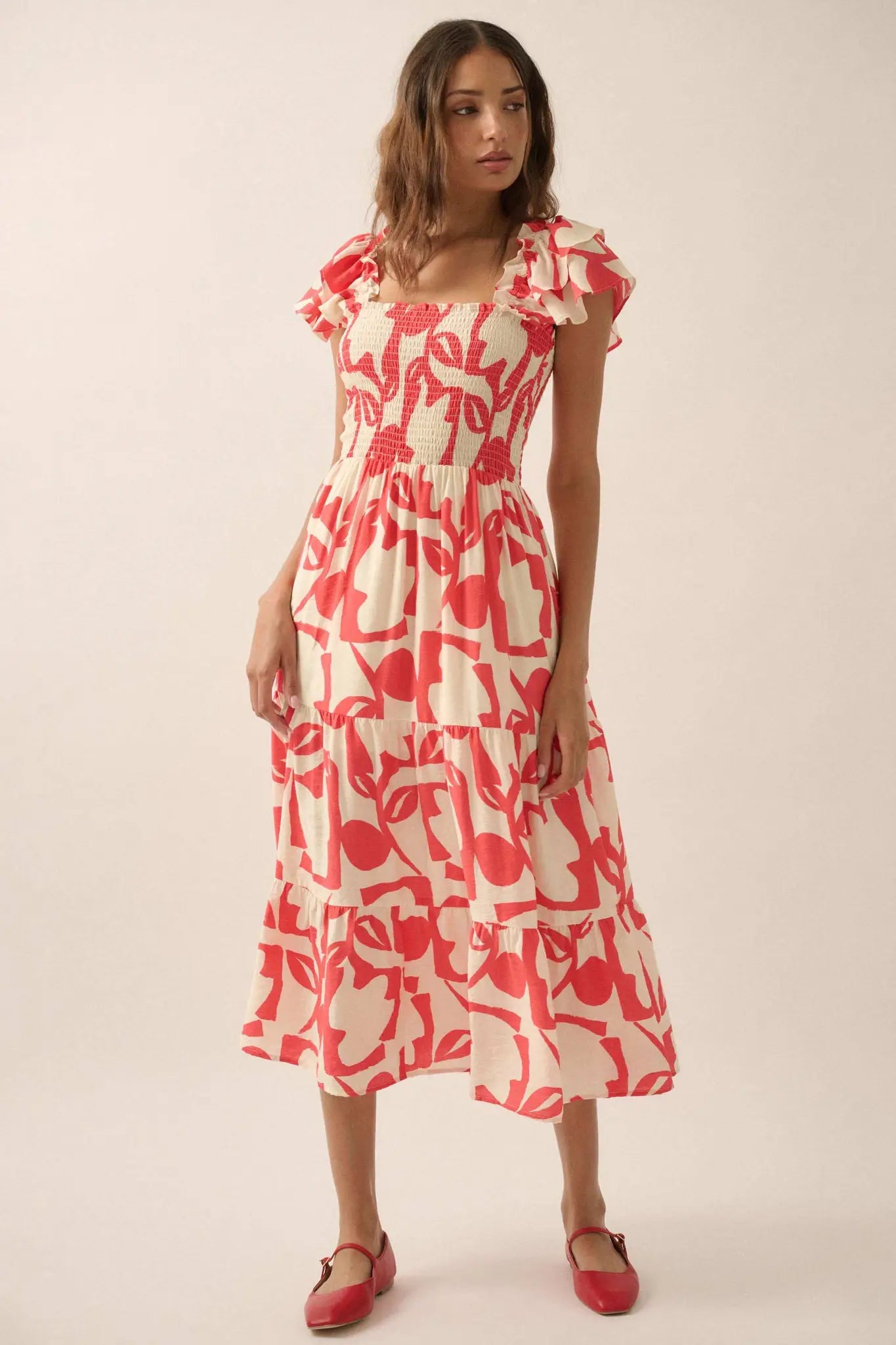 Striking Stems Abstract Floral Ruffle Midi Dress