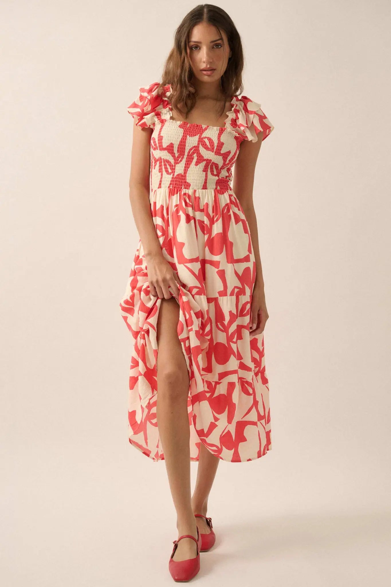 Striking Stems Abstract Floral Ruffle Midi Dress