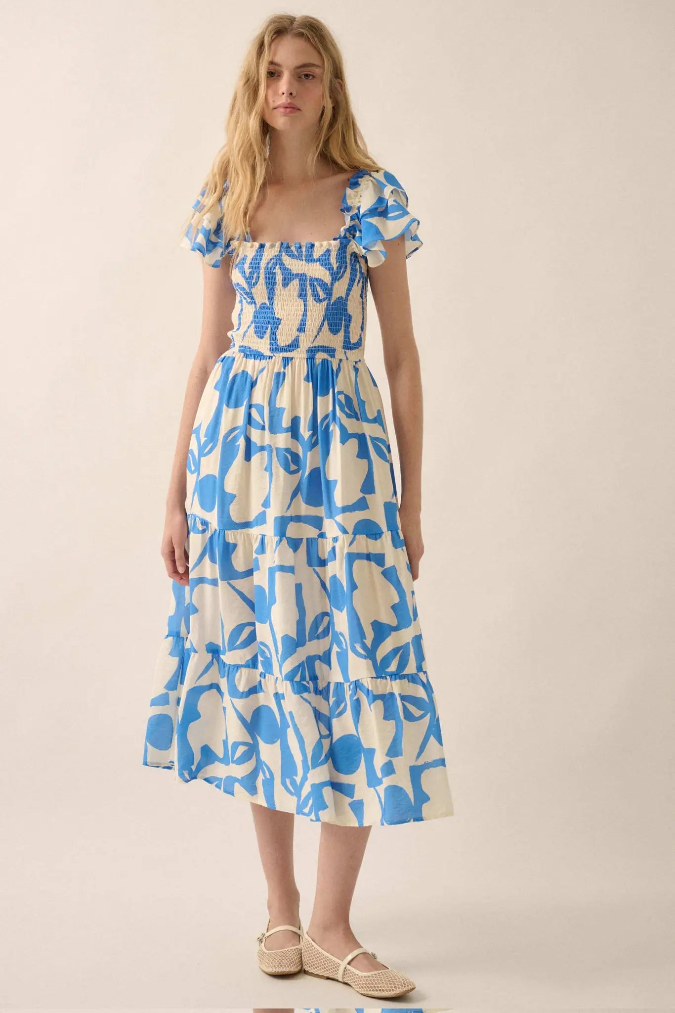 Striking Stems Abstract Floral Ruffle Midi Dress