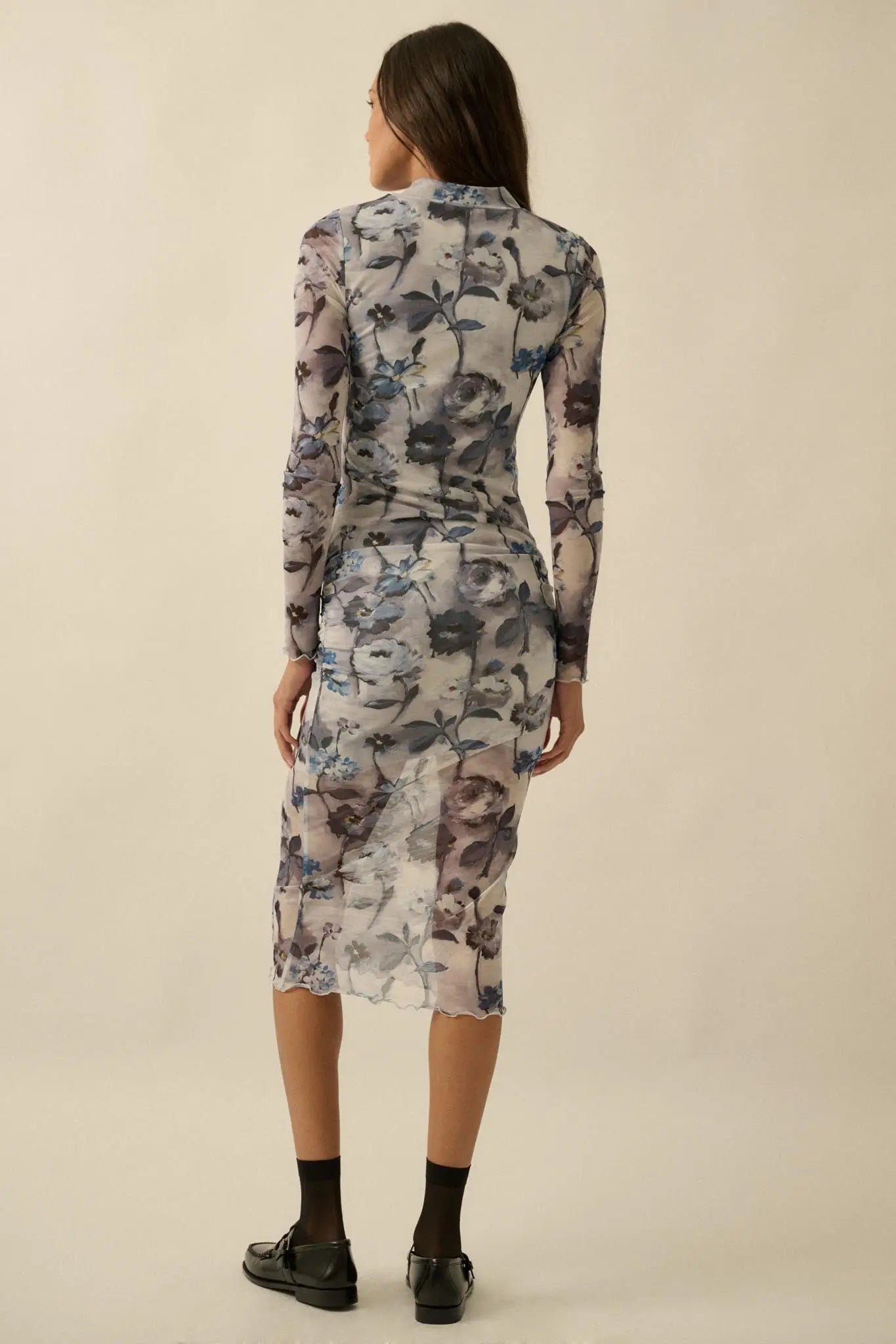 Watercolor Garden Floral Mesh Mock-Neck Midi Dress