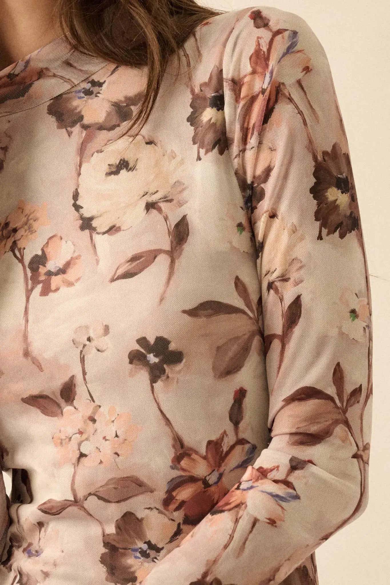 Watercolor Garden Floral Mesh Mock-Neck Midi Dress