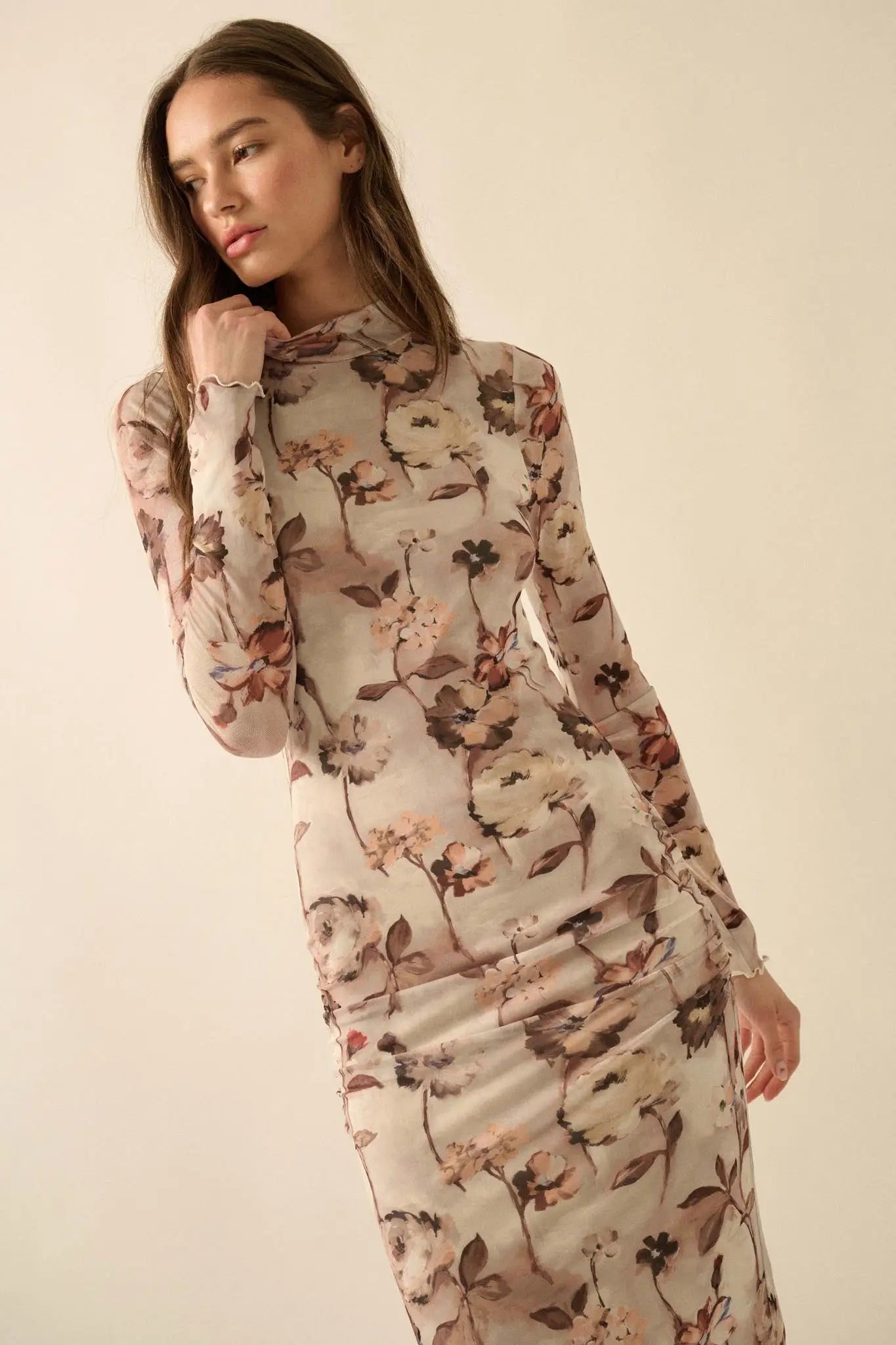 Watercolor Garden Floral Mesh Mock-Neck Midi Dress