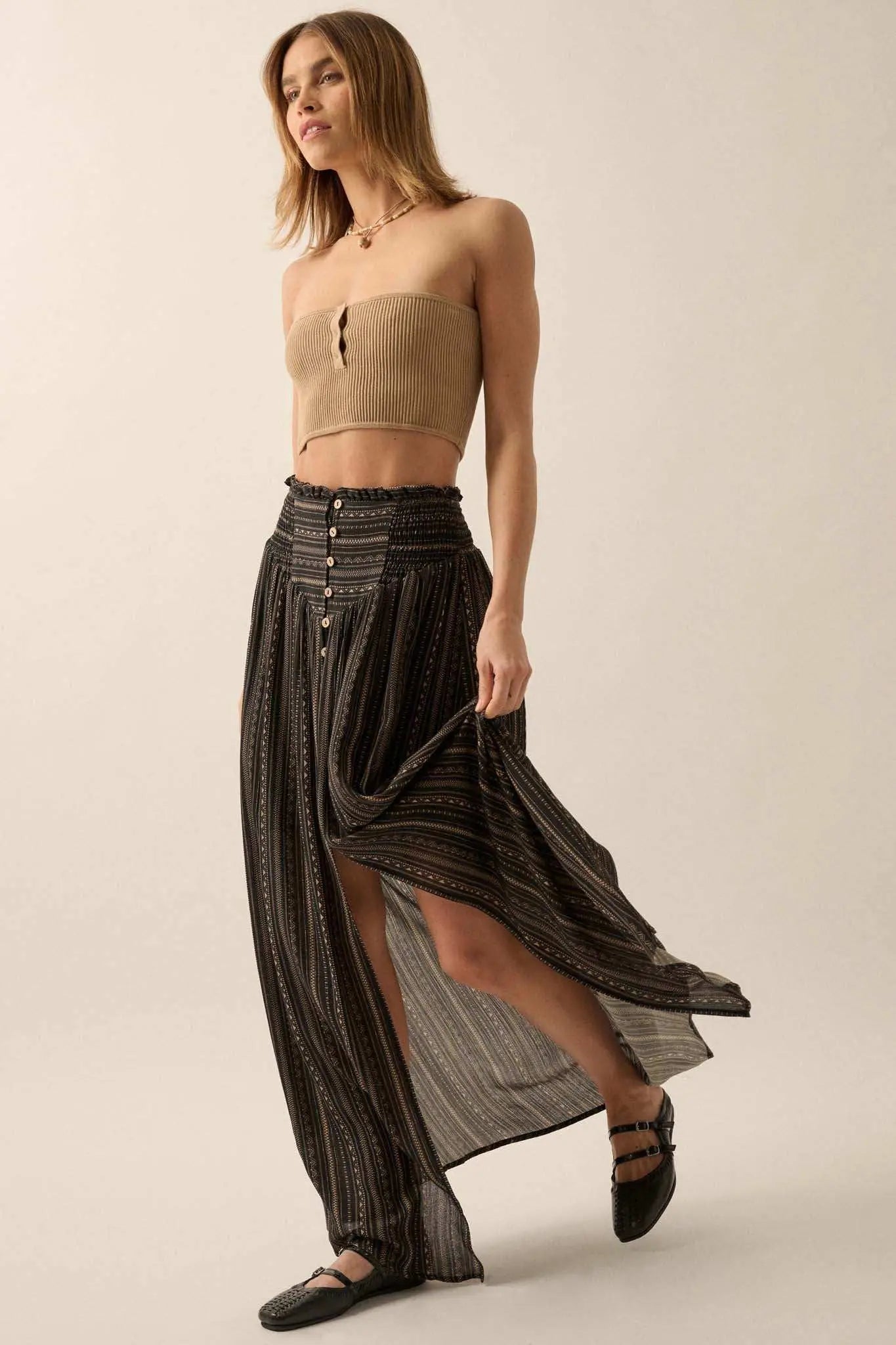 Vacation Voyage Geo-Print Button-Front Maxi Skirt