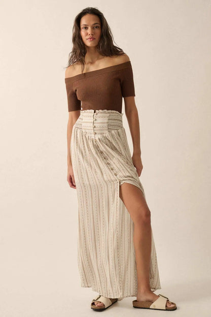 Vacation Voyage Geo-Print Button-Front Maxi Skirt