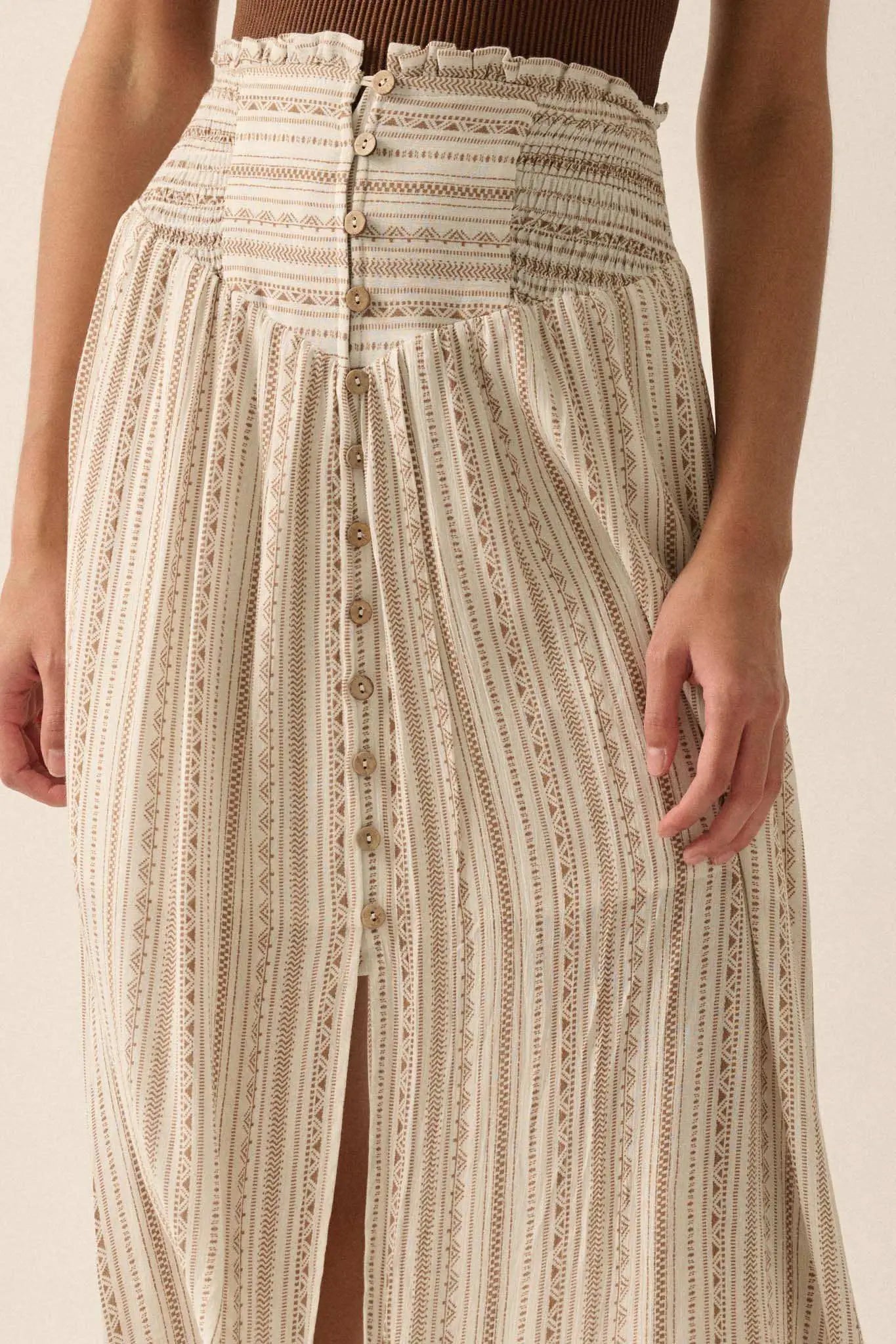 Vacation Voyage Geo-Print Button-Front Maxi Skirt