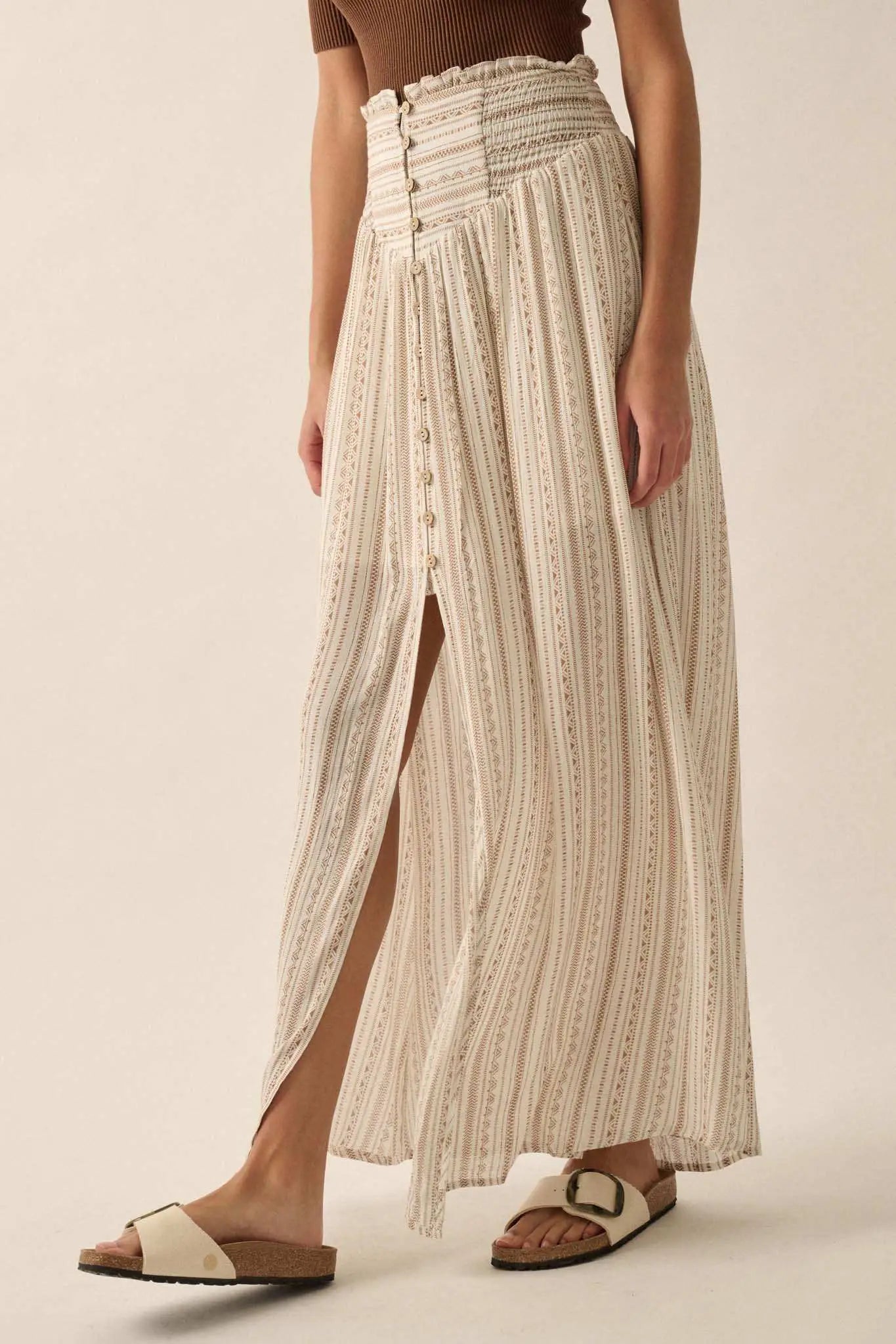 Vacation Voyage Geo-Print Button-Front Maxi Skirt