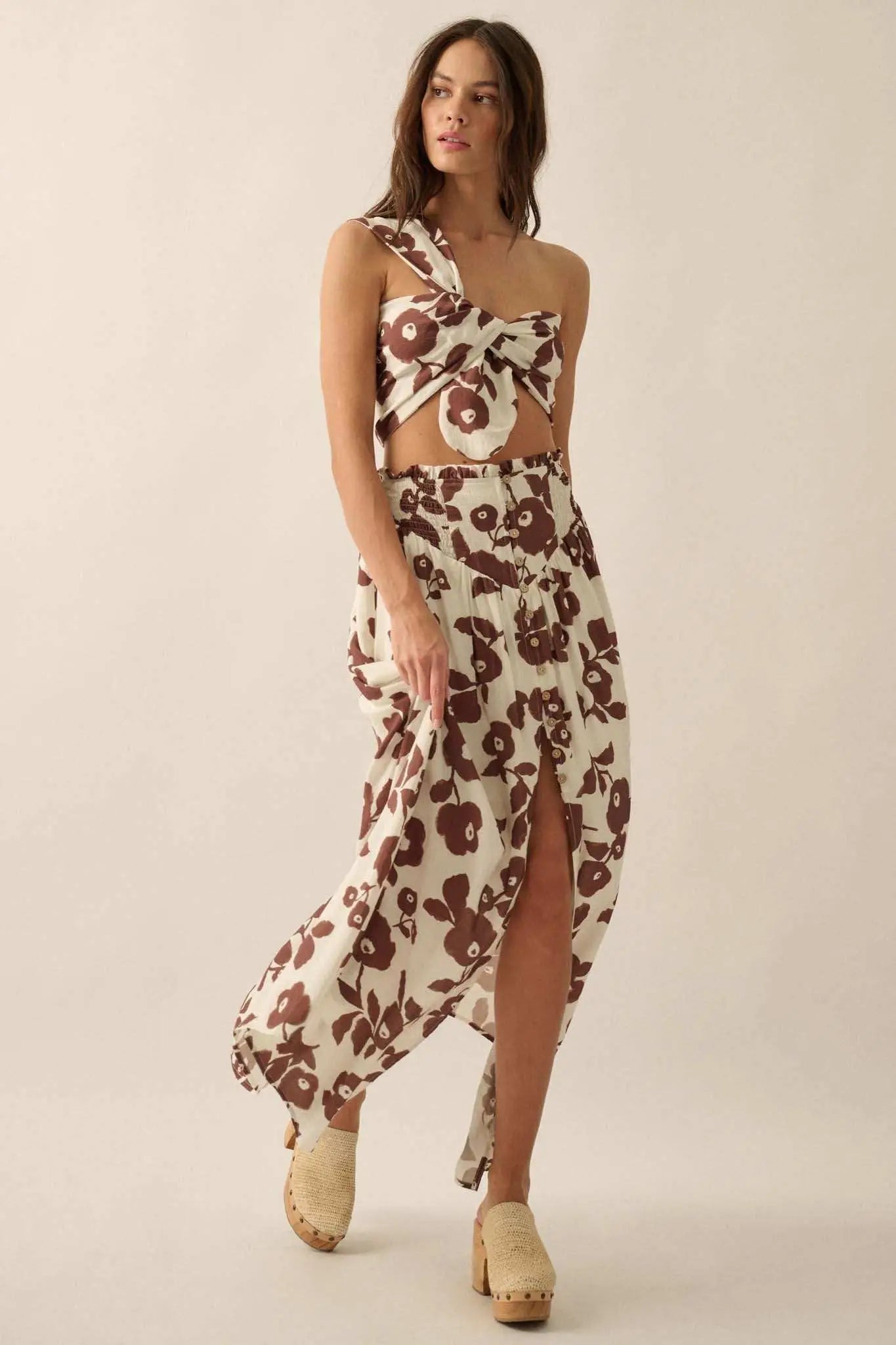 Pretty Poppies Floral Button-Front Maxi Skirt