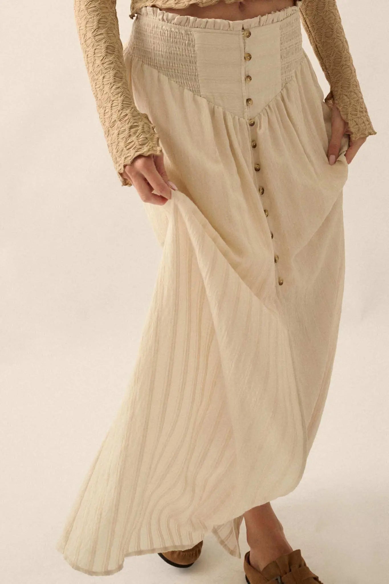 Starting Now Tonal-Stripe Button-Front Maxi Skirt