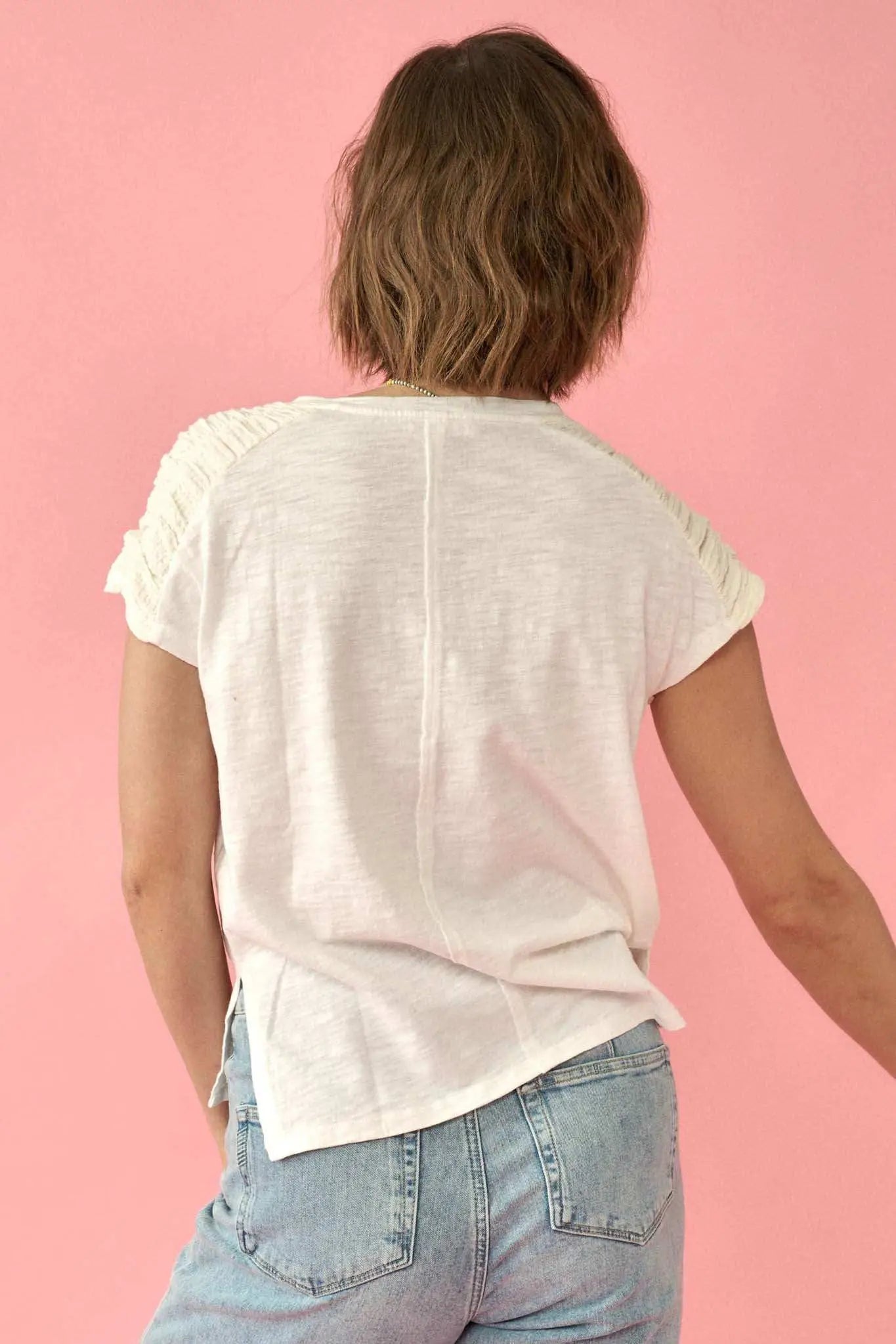 Easy Fit Ruched-Sleeve Cotton Slub Split-Neck Tee