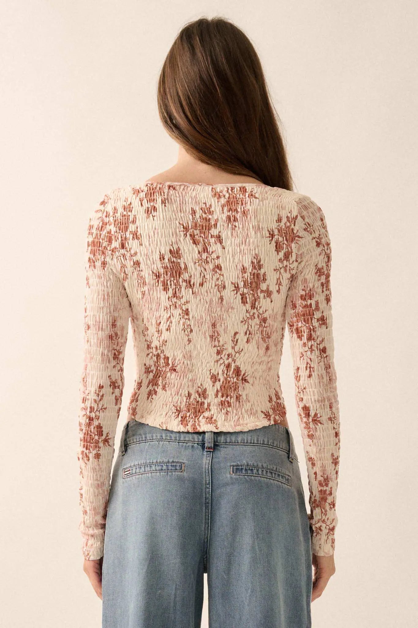 Wildflower Heart Smocked Floral-Print Corset Top