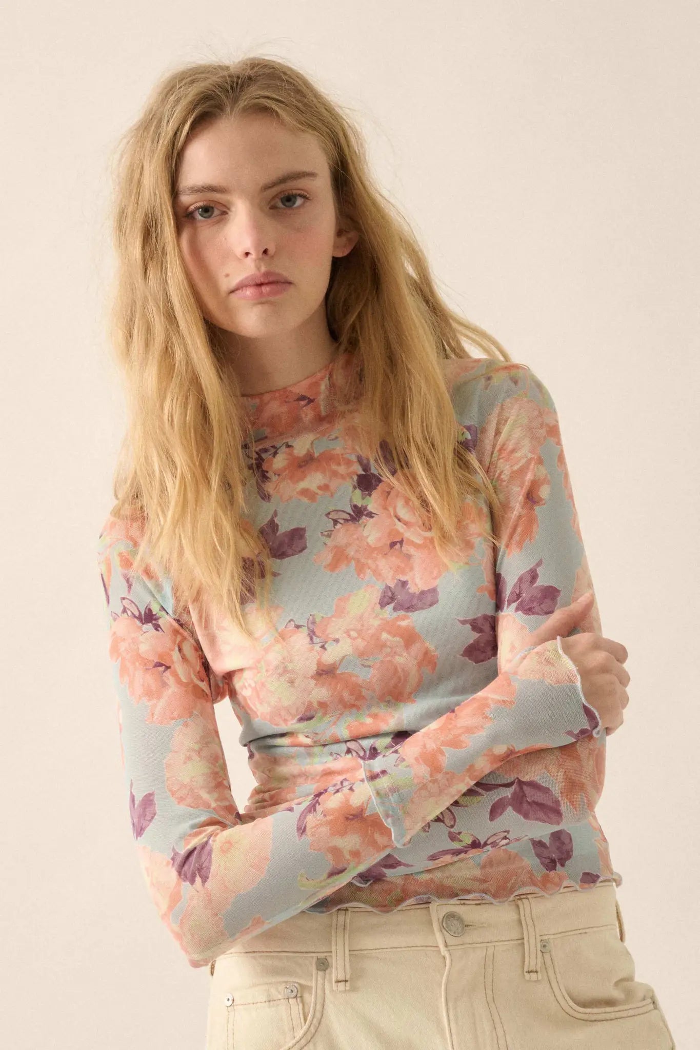 Morning Dew Floral Mesh Mock-Neck Thumbhole Top