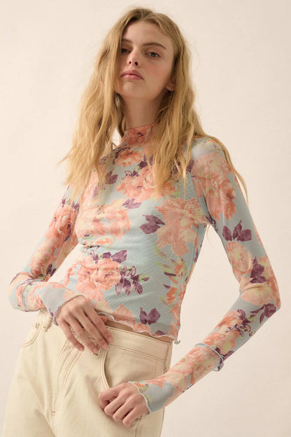Morning Dew Floral Mesh Mock-Neck Thumbhole Top