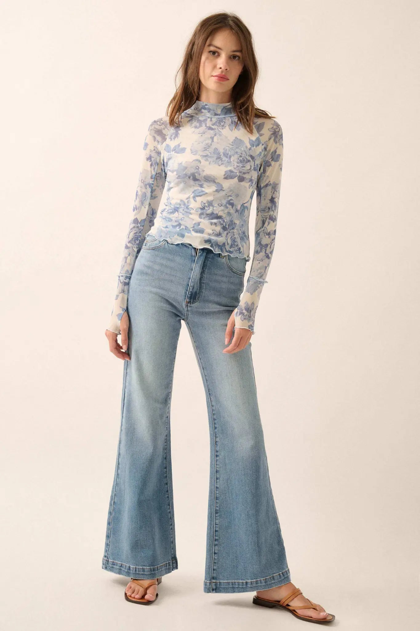 Morning Dew Floral Mesh Mock-Neck Thumbhole Top