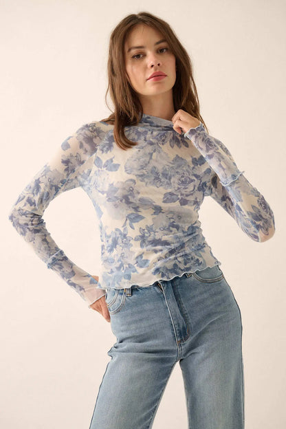 Morning Dew Floral Mesh Mock-Neck Thumbhole Top