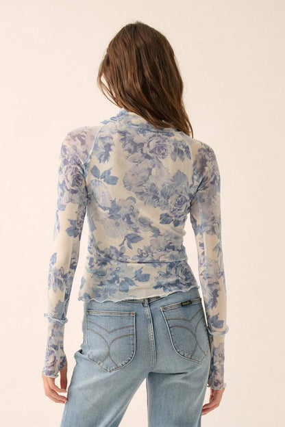 Morning Dew Floral Mesh Mock-Neck Thumbhole Top