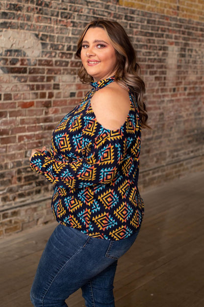 NAVY AND YELLOW HIGH NECK PULLOVER TOP