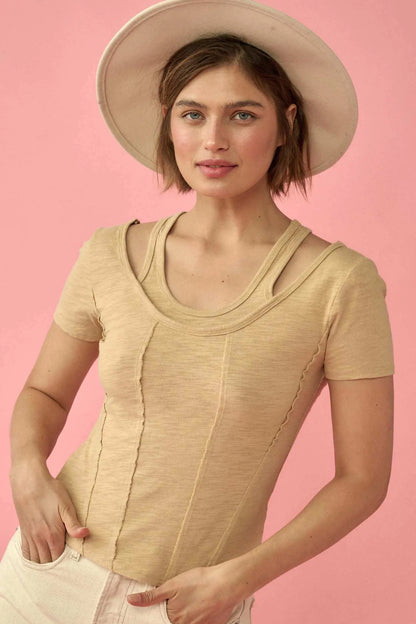 Easy Fit Exposed-Seam Cotton Slub Layered Tee