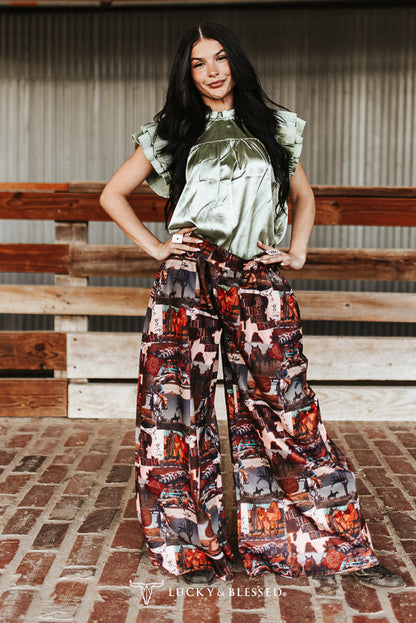 Western Collage Print High-Waist Wide Leg Pants