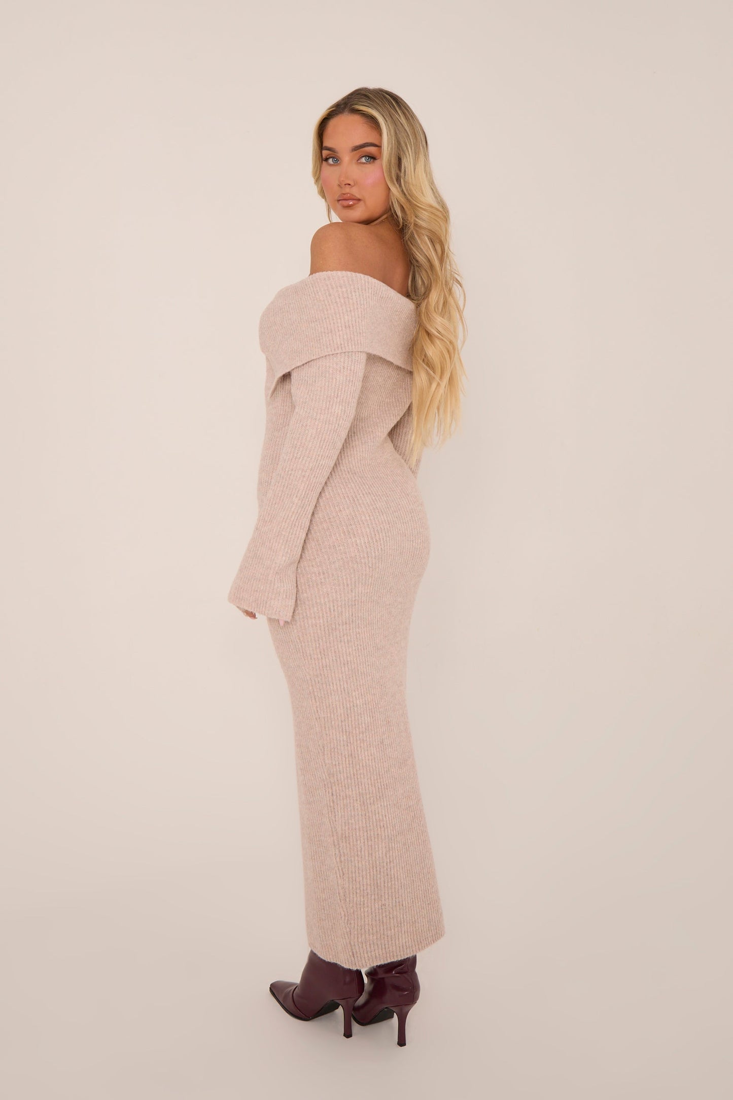 Beige Premium Knit Fold Down Midi Dress - Celia