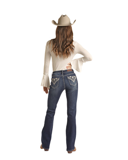 Rock & Roll Blue Aztec Mid Rise Bootcut Jean