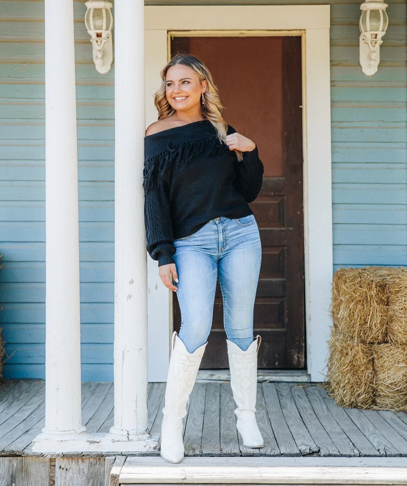 TOTAL FRILL OFF THE SHOULDER FRINGE SWEATER IN BLACK