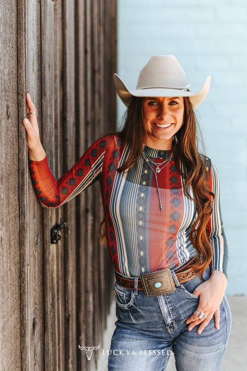 Red Blue Aztec Printed Long Sleeve Mesh Top
