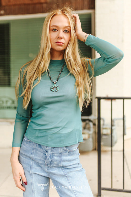 Teal Solid Long Sleeve Stretch Mesh Top