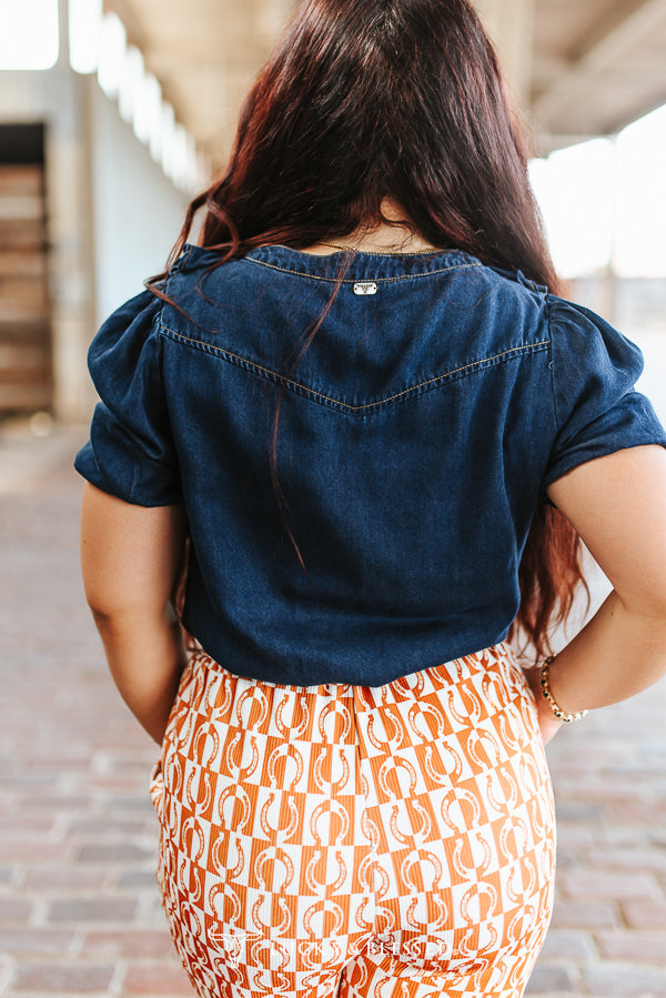 Dark Wash Button Down Short Sleeve Ruffle Top