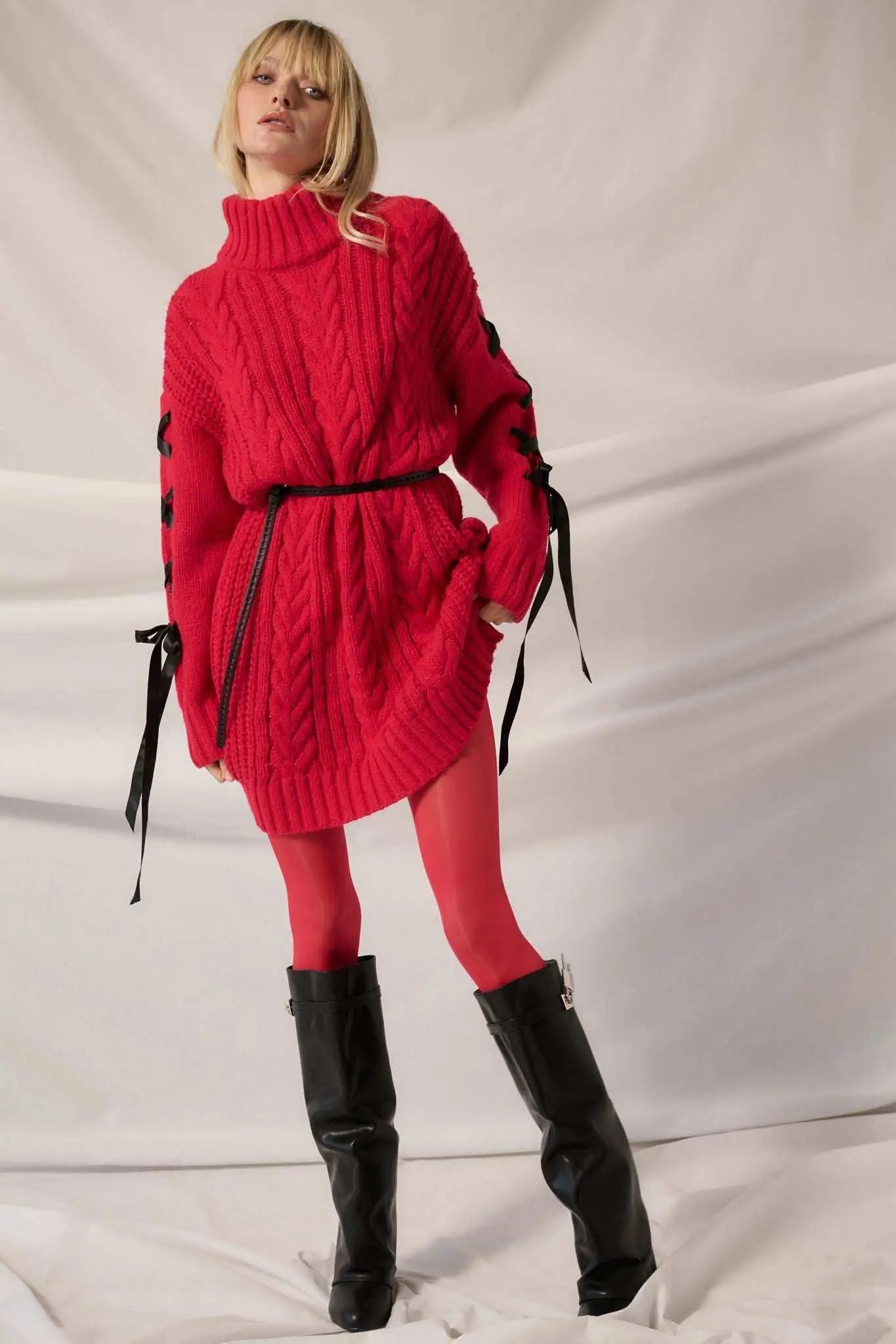 With a Kiss Ribbon-Sleeve Turtleneck Sweater Dress