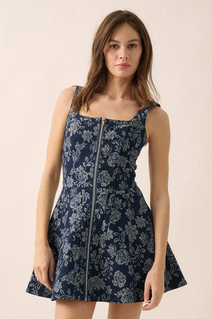 Blue Beauty Floral Jacquard Denim Mini Dress