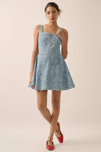 Blue Beauty Floral Jacquard Denim Mini Dress