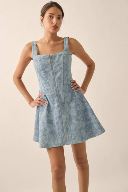 Blue Beauty Floral Jacquard Denim Mini Dress