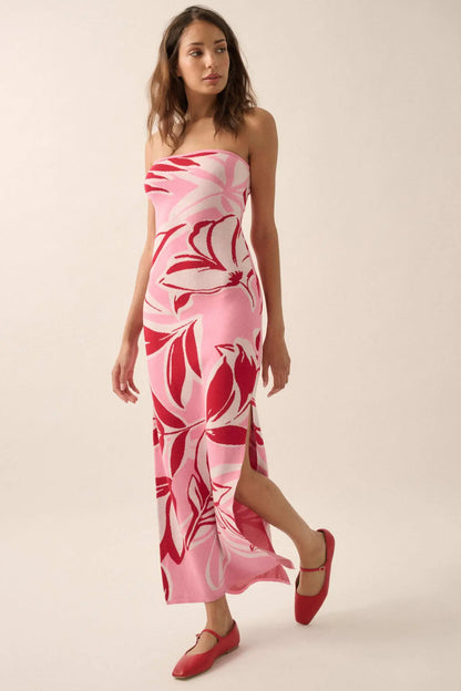 Tropical Chill Floral Strapless Maxi Sweater Dress